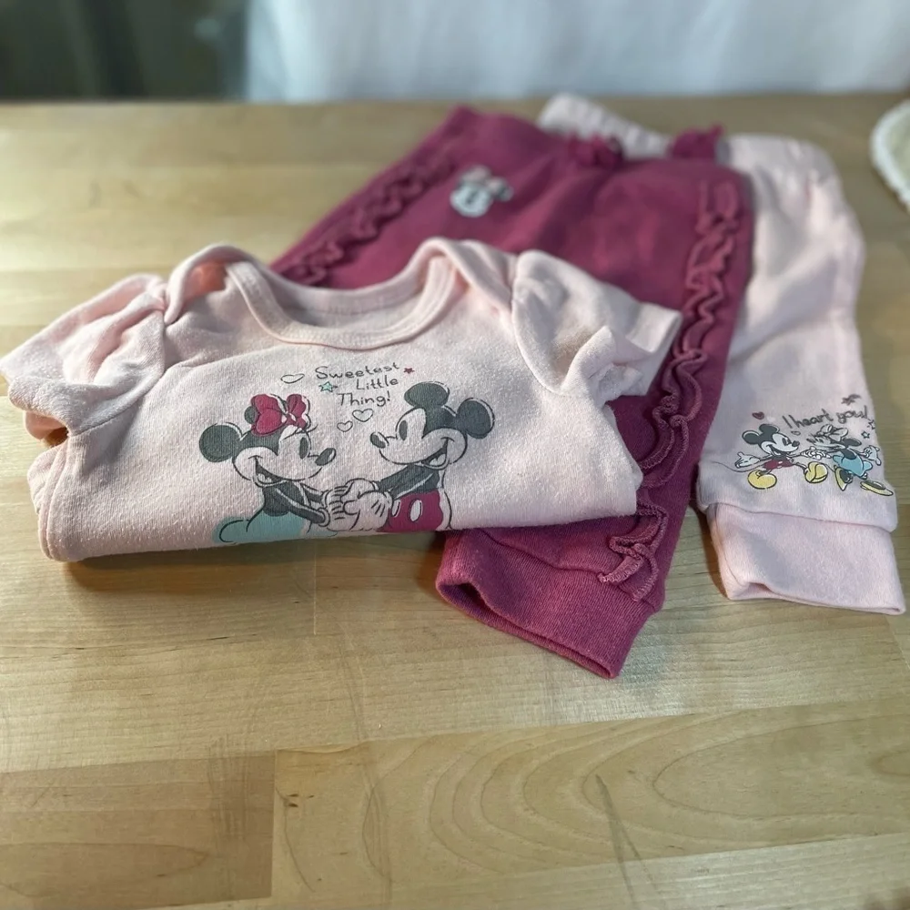 Disney Pink Baby Outfit with Mickey and Minnie - 1 onesie, 2 matching bottoms